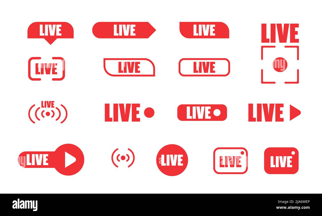 Large set of red buttons for streaming, live broadcast, blog, stream