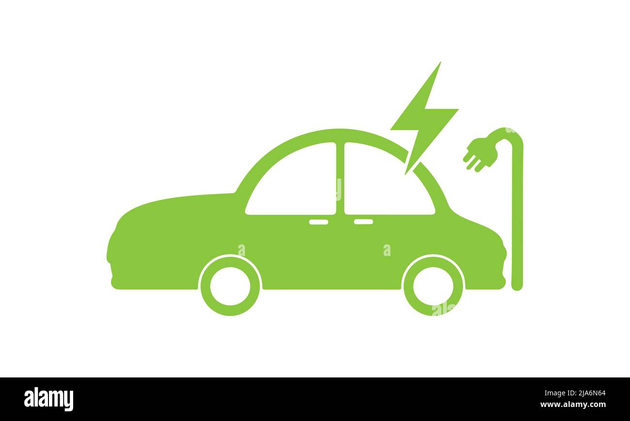 Electric car with plug green icon symbol, EV car hybrid vehicles charging point logotype, Eco friendly vehicle concept, Vector illustration Stock Vector