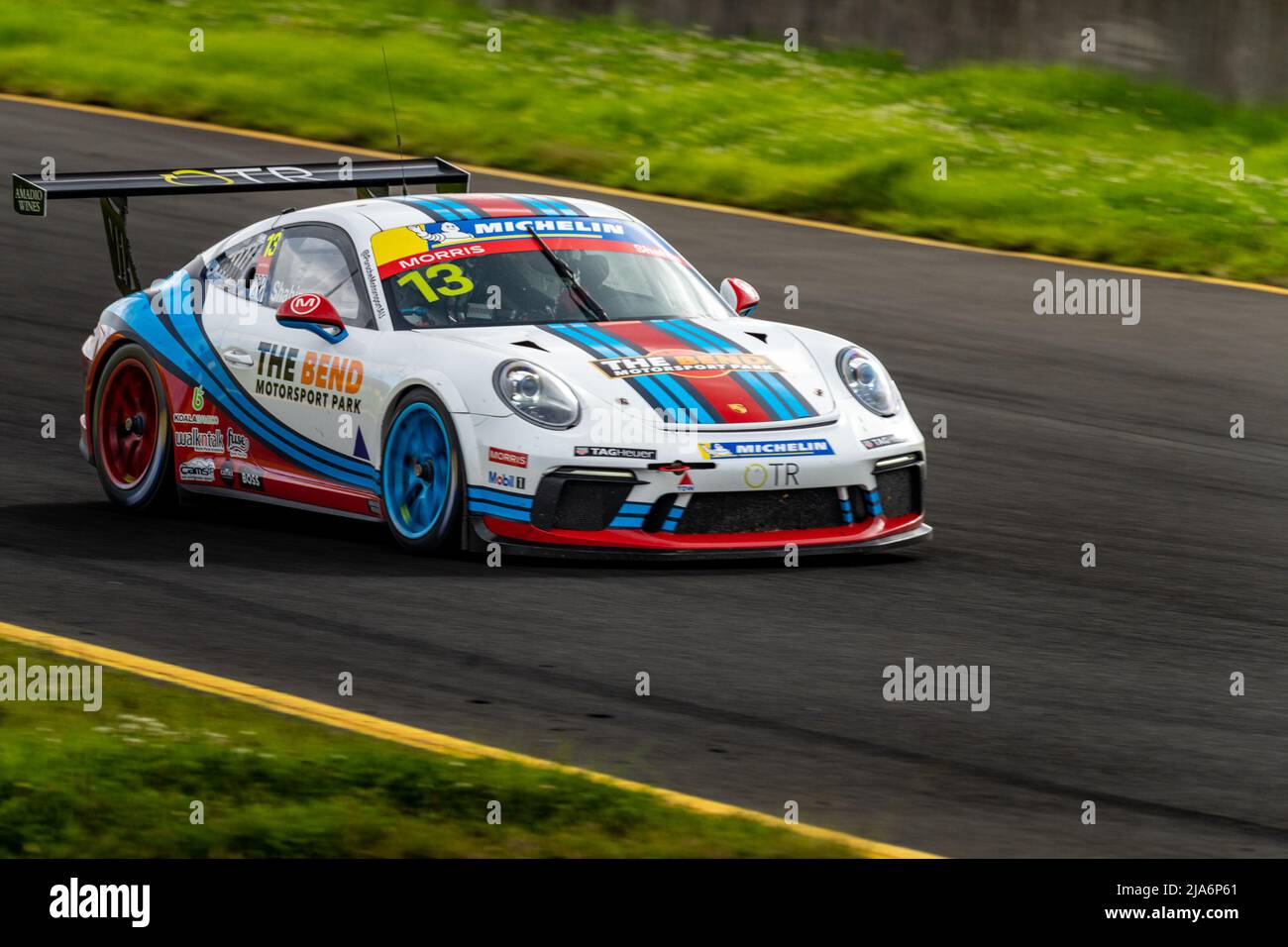 Sydney, Australia. 27 May, 2022. Sam Shahin piloting his Porsche Carrera Cup car down towards turn 2 at Sydney Motorsport Park during race 2 of the Porsche Michelin Sprint Challenge. Credit: James Forrester / Alamy Live News. Stock Photo