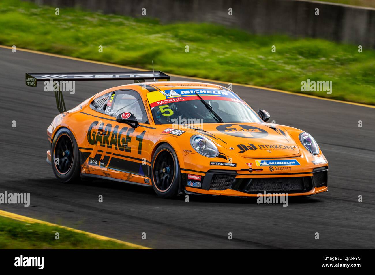Sydney, Australia. 27 May, 2022. Nathan Murray piloting his Porsche Carrera Cup car down towards turn 2 at Sydney Motorsport Park during race 2 of the Porsche Michelin Sprint Challenge. Credit: James Forrester / Alamy Live News. Stock Photo