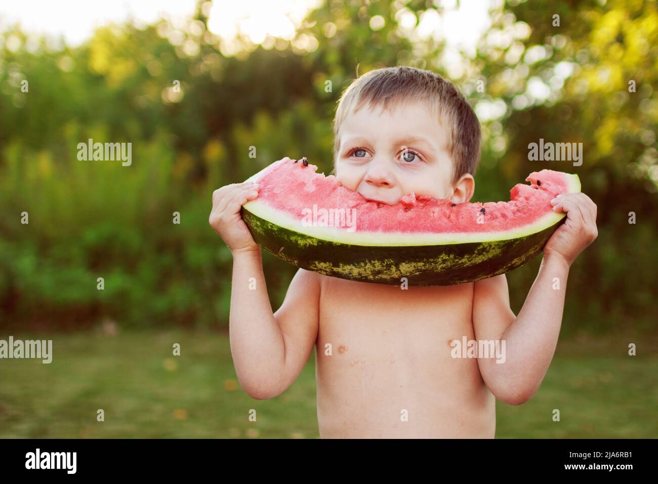 happy smiling child boy eating watermelon outdoor in the backyard Stock Photo