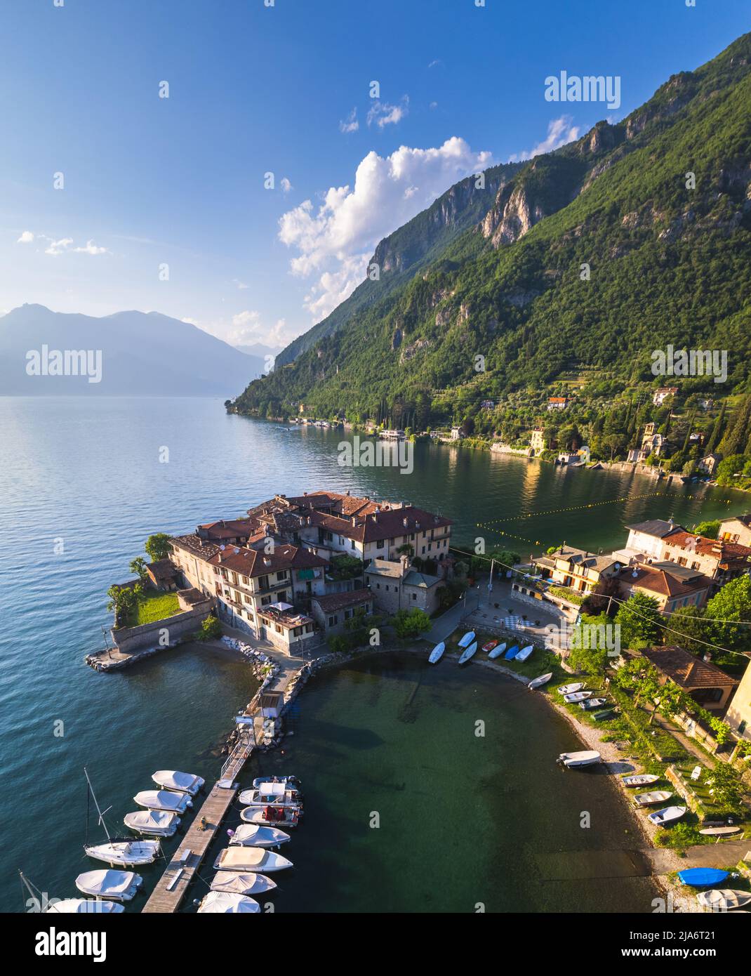 Panoramic aerial view of the ancient village, Lierna, Lake Como  Stock Photo