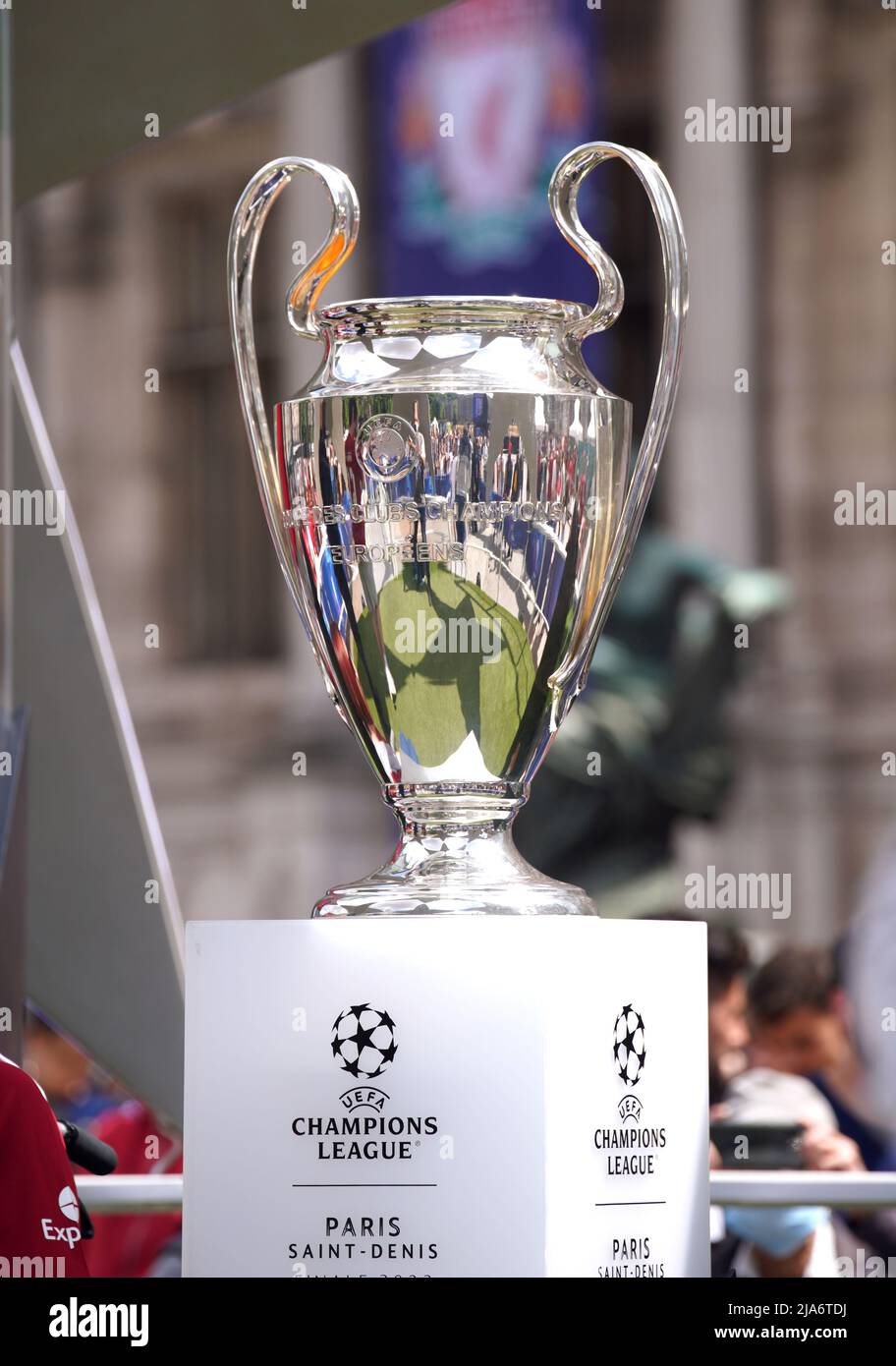 The Champions League trophy on display at the Trophy Experience held at the Hotel de Ville, ahead of the UEFA Champions League Final at the Stade de France, Paris. Picture date: Saturday May 28, 2022. Stock Photo