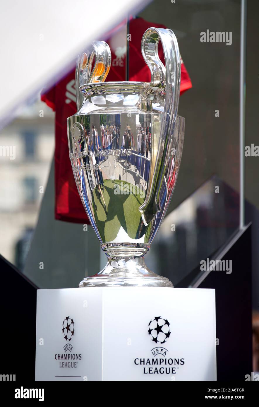 The Champions League trophy on display at the Trophy Experience held at the Hotel de Ville, ahead of the UEFA Champions League Final at the Stade de France, Paris. Picture date: Saturday May 28, 2022. Stock Photo