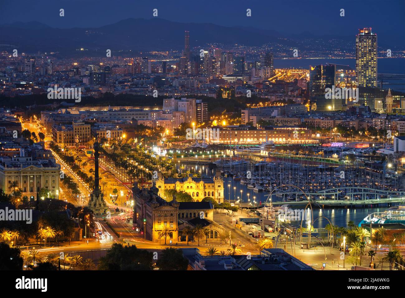 Aerial view of Barcelona city and port with yachts Stock Photo - Alamy