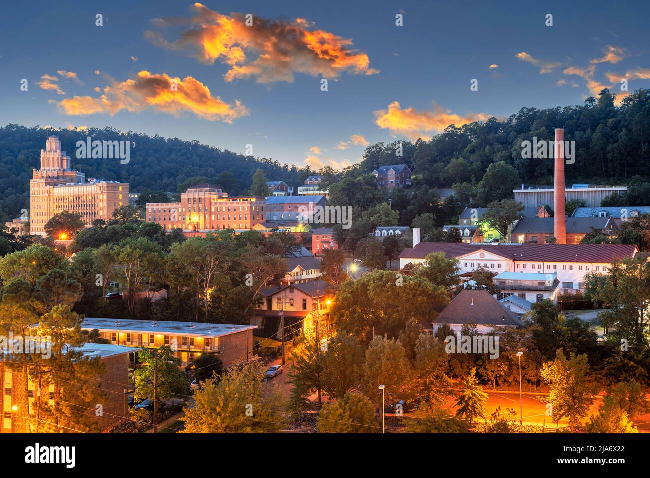 Hot Springs, Arkansas, USA townscape at dusk in the mountains. Stock Photo