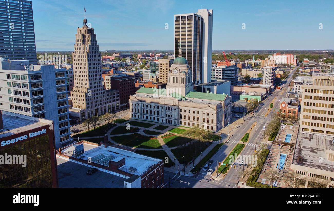 Aerial of downtown Fort Wayne, Indiana courthouse in spring Stock Photo