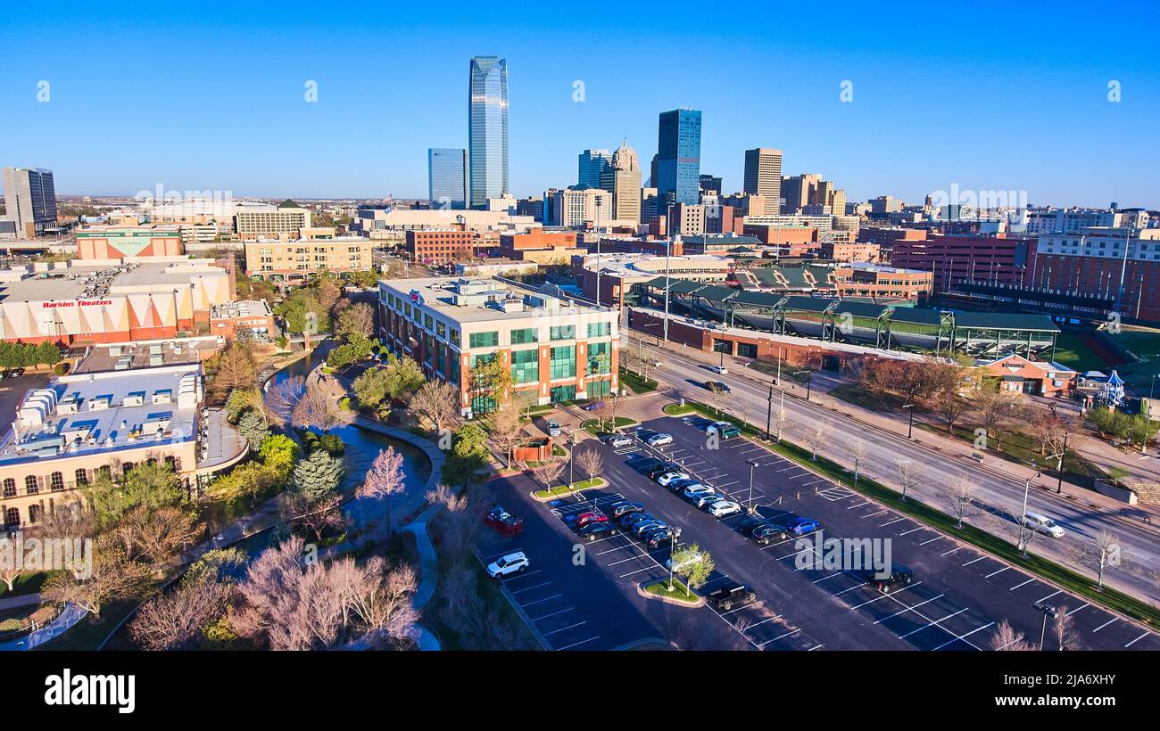 Aerial of shopping center and downtown of Oklahoma City in morning Stock Photo