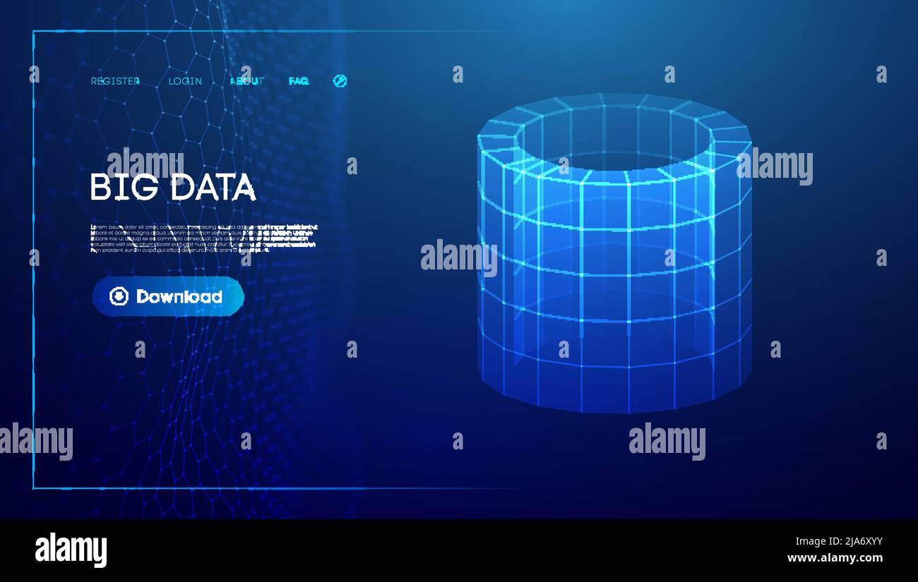 Bid data blue background. Wireframe cylinder vector. Network connection. Stock Vector