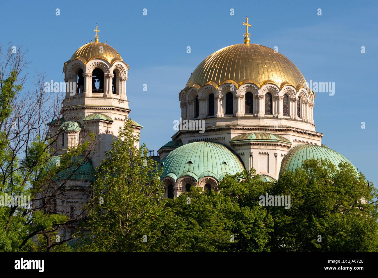 Golden domes architectural detail of Sv. Alexander Nevsky Orthodox Cathedral in Sofia, Bulgaria, Balkans, Europe Stock Photo