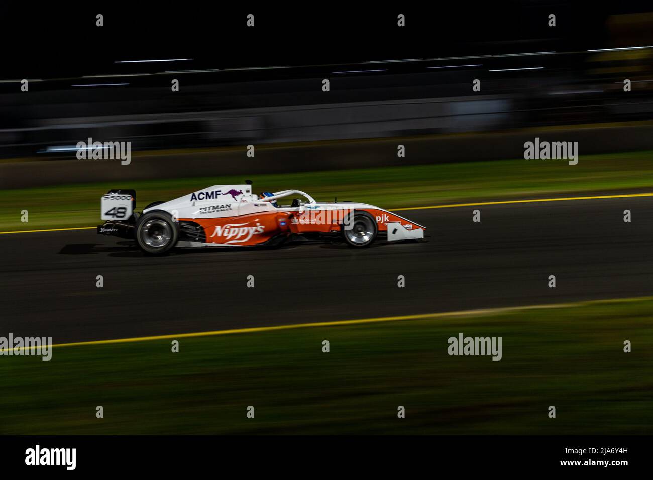 Sydney, Australia. 28 May, 2022. Blake Purdie (#48) piloting his Nippy's S5000 over the bridge at Sydney Motorsport Park during Race 1 of the S5000 Australian Driver's Championship. Credit: James Forrester / Alamy Live News. Stock Photo