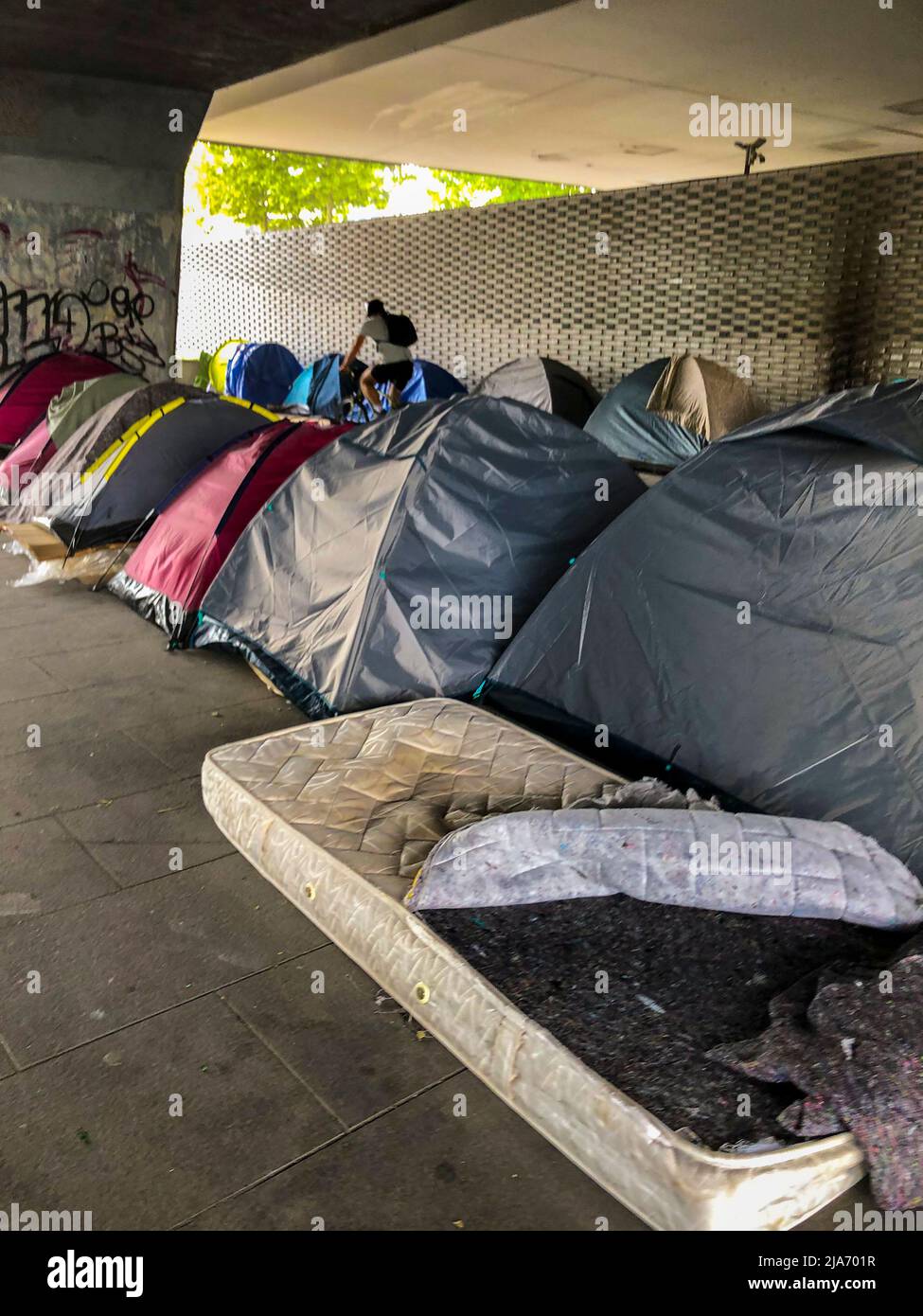 Paris, France, Migrants Tents Camp underneath Peripherique Highway, near Porte de la Villette, Poverty France, Immigrants camps Stock Photo