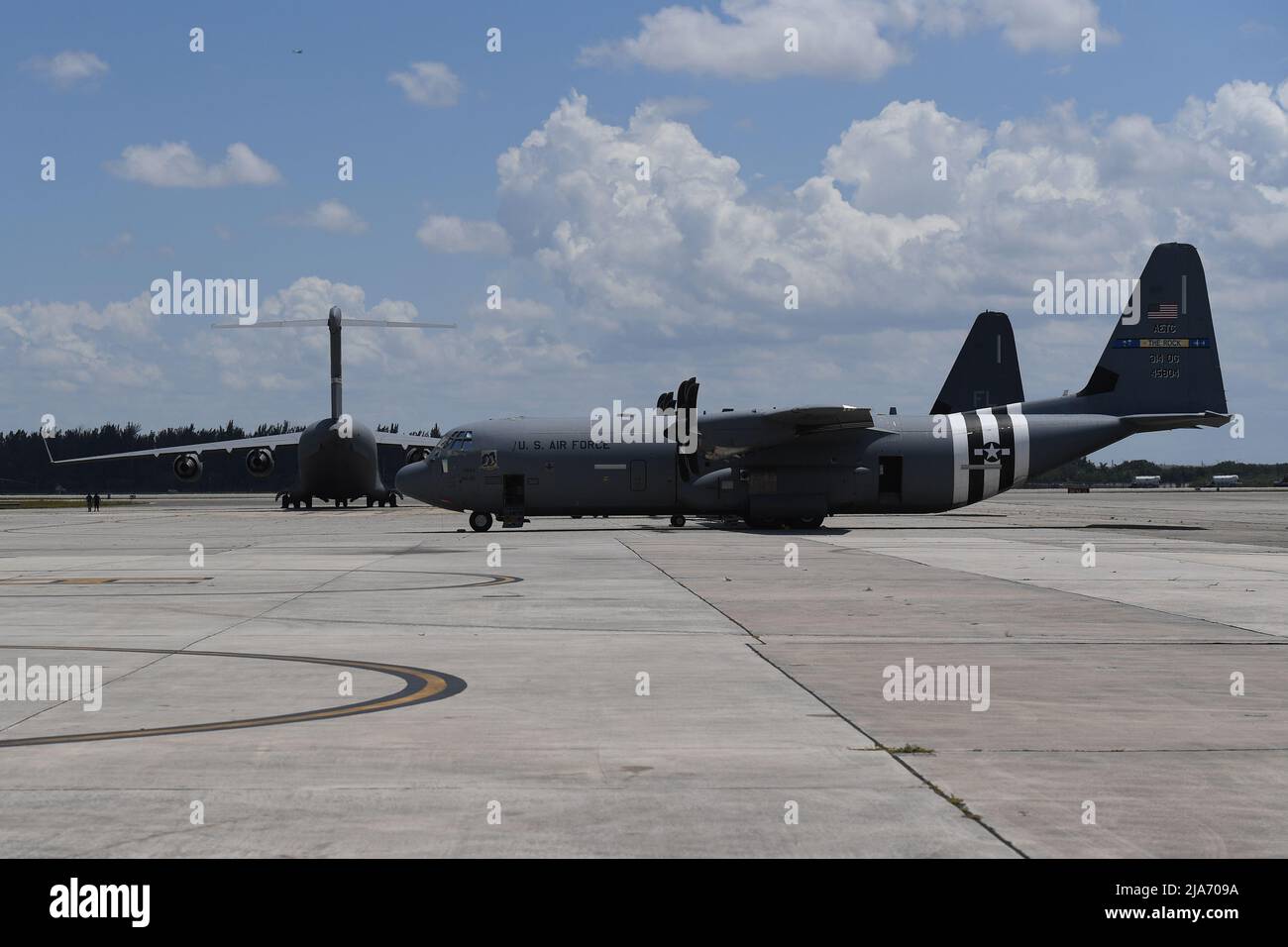 The Lockheed HC-130 Hercules military transport sits on the tarmac at the 2022 Hyundai Air & Sea Show media day at the US Coast Guard Air Station Miami-Opa Locka Executive Airport on May 27, 2022 in Miami Beach, Florida. Credit: mpi04/MediaPunch Stock Photo