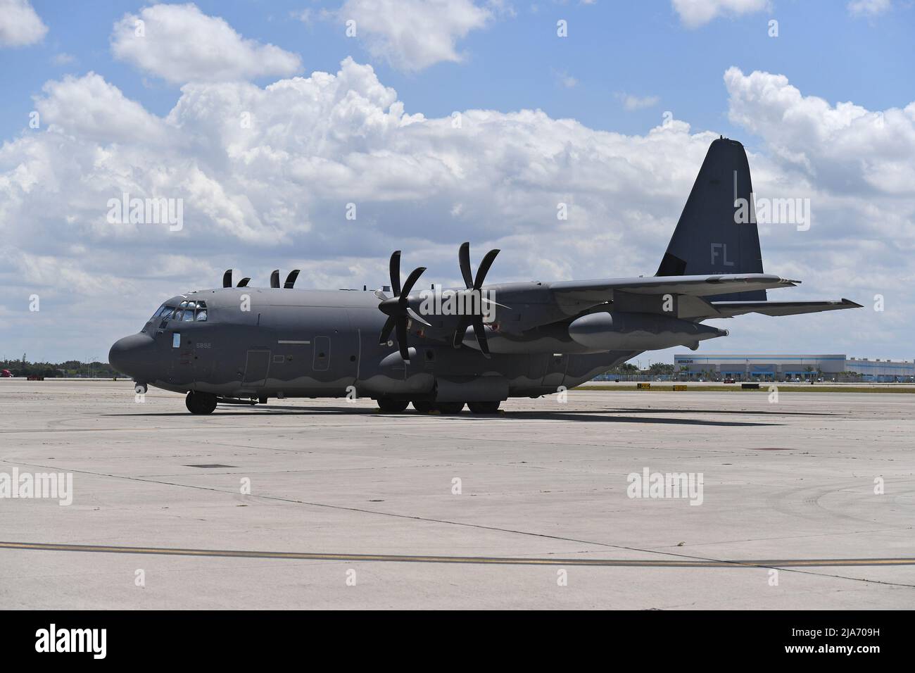 The Lockheed HC-130 Hercules military transport sits on the tarmac at the 2022 Hyundai Air & Sea Show media day at the US Coast Guard Air Station Miami-Opa Locka Executive Airport on May 27, 2022 in Miami Beach, Florida. Credit: mpi04/MediaPunch Stock Photo