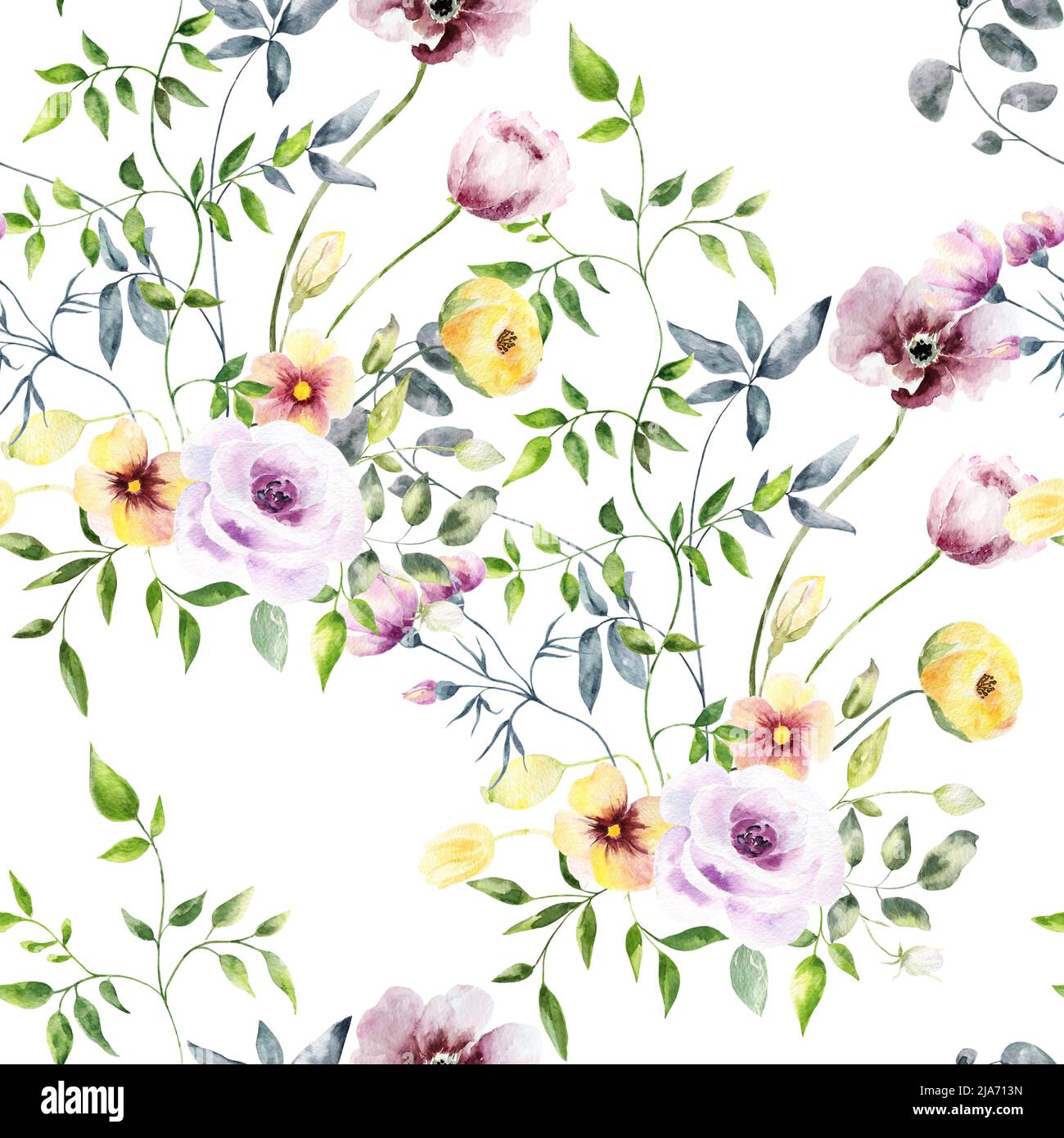 Hand drawn watercolor seamless pattern of realistic flowers .Mixed ...