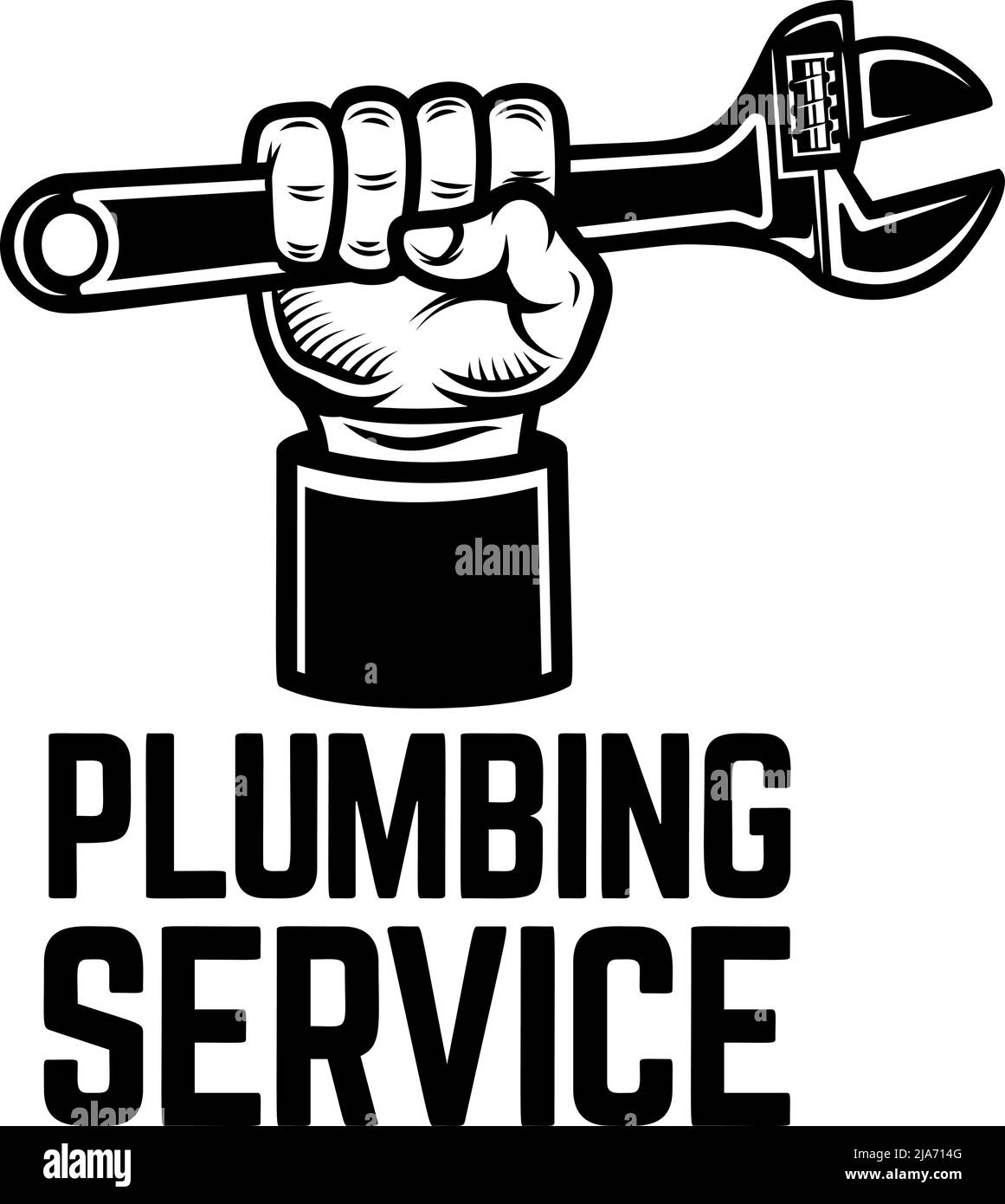 Plumbing service. Hand with plumbing wrench. Design element for logo, label, sign. Vector illustration Stock Vector