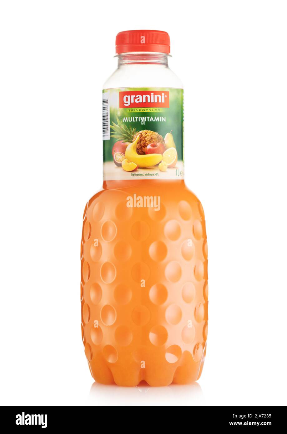 LONDON,UK MAY 04, 2022 Granini Multivitamin fresh raw juice on white