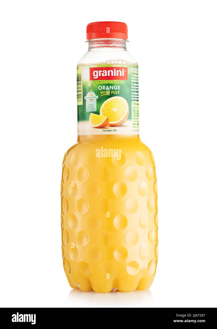 LONDON,UK - APRIL 22, 2022: Bottle of Granini original Orange juice with fruit bites on white. Stock Photo