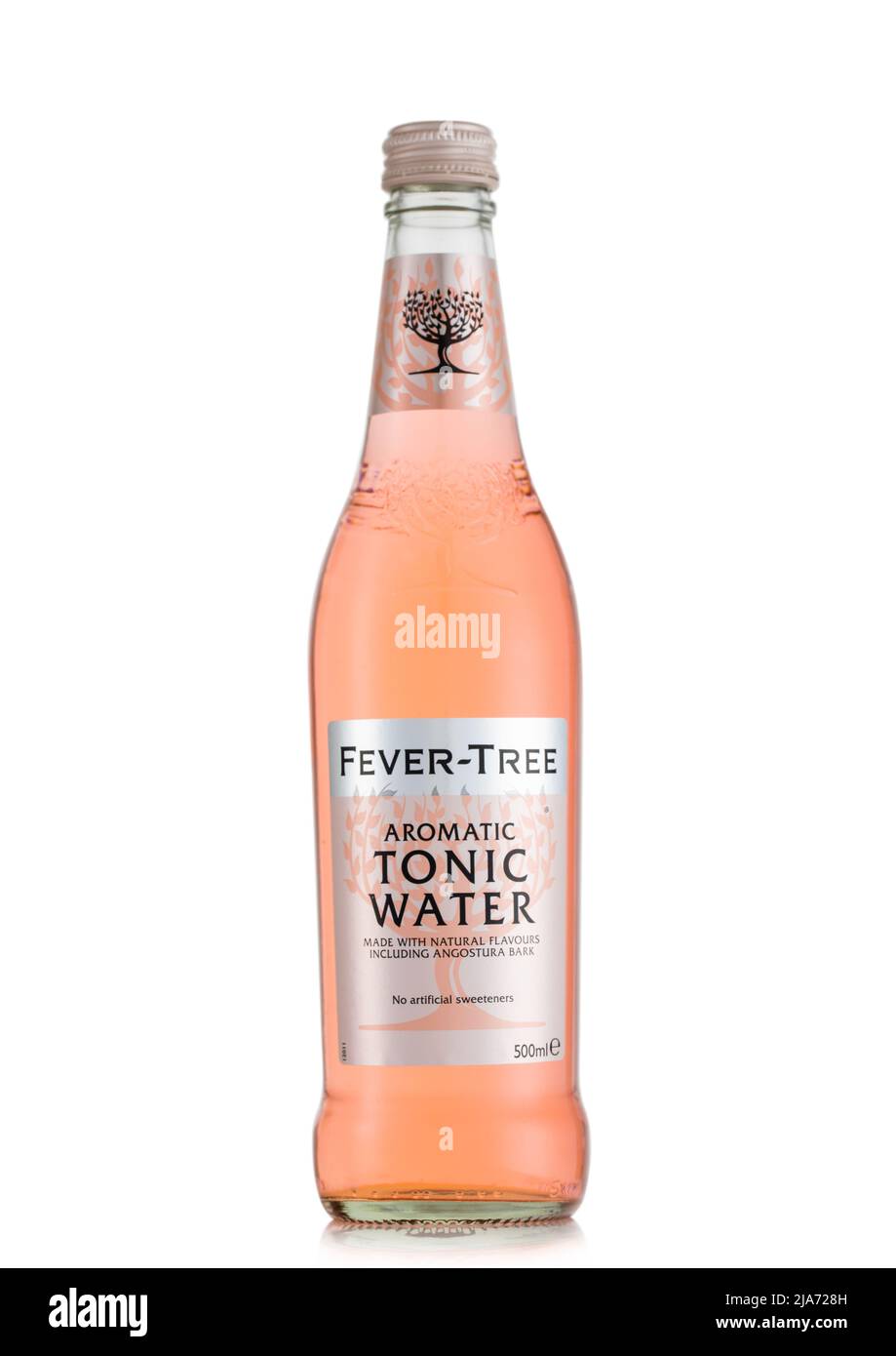 LONDON,UK - MAY 11, 2022: Fever Tree Aromatic Pink Tonic Water in glass bottle on white. Stock Photo