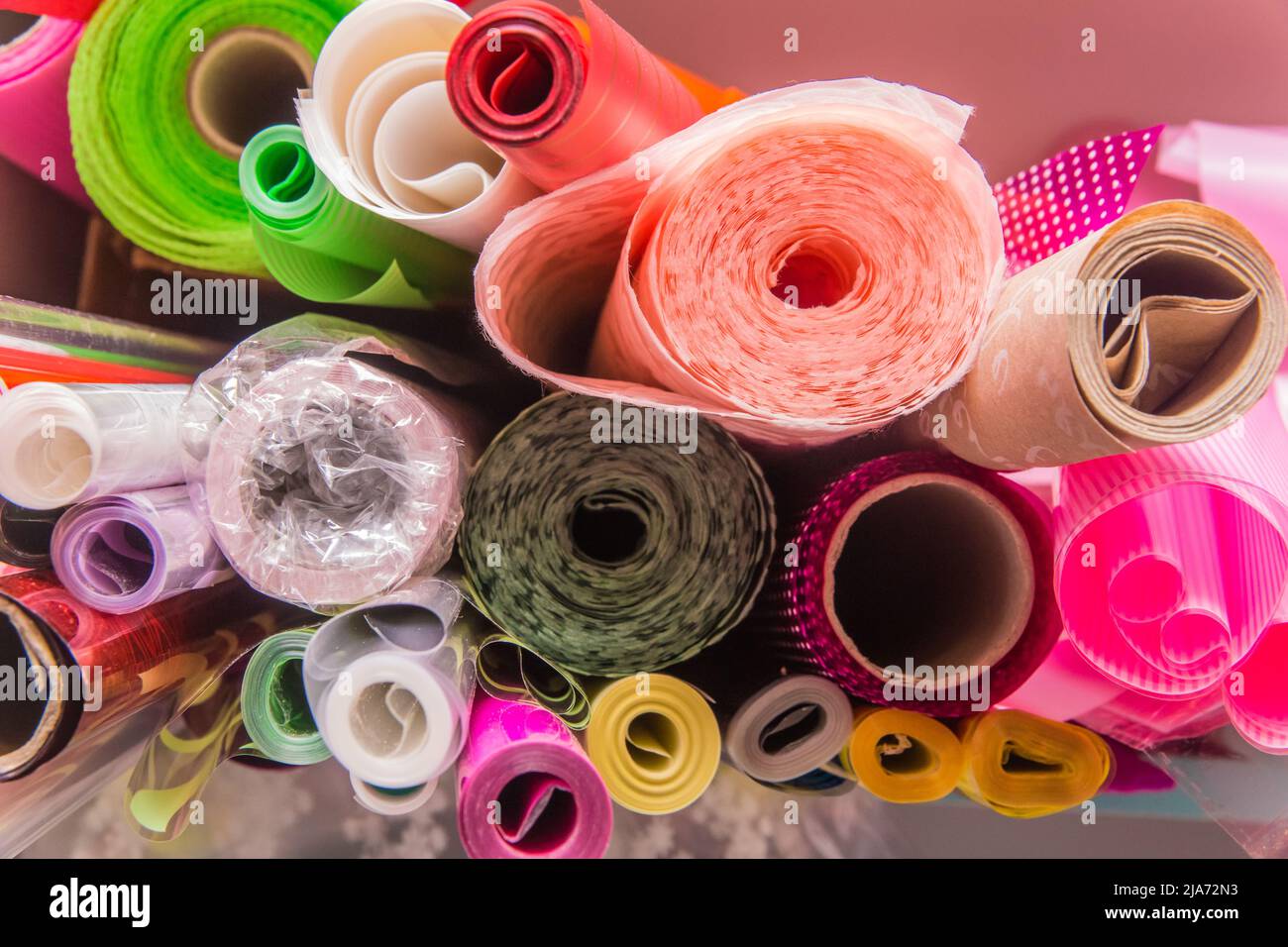 Rolled up plastic or polyethylene colored packaging object wrapper