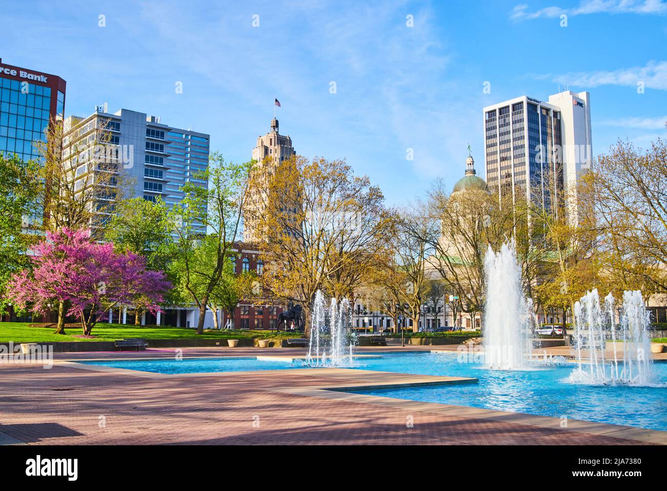 Freimann Square park in downtown Fort Wayne in spring with cherry tree