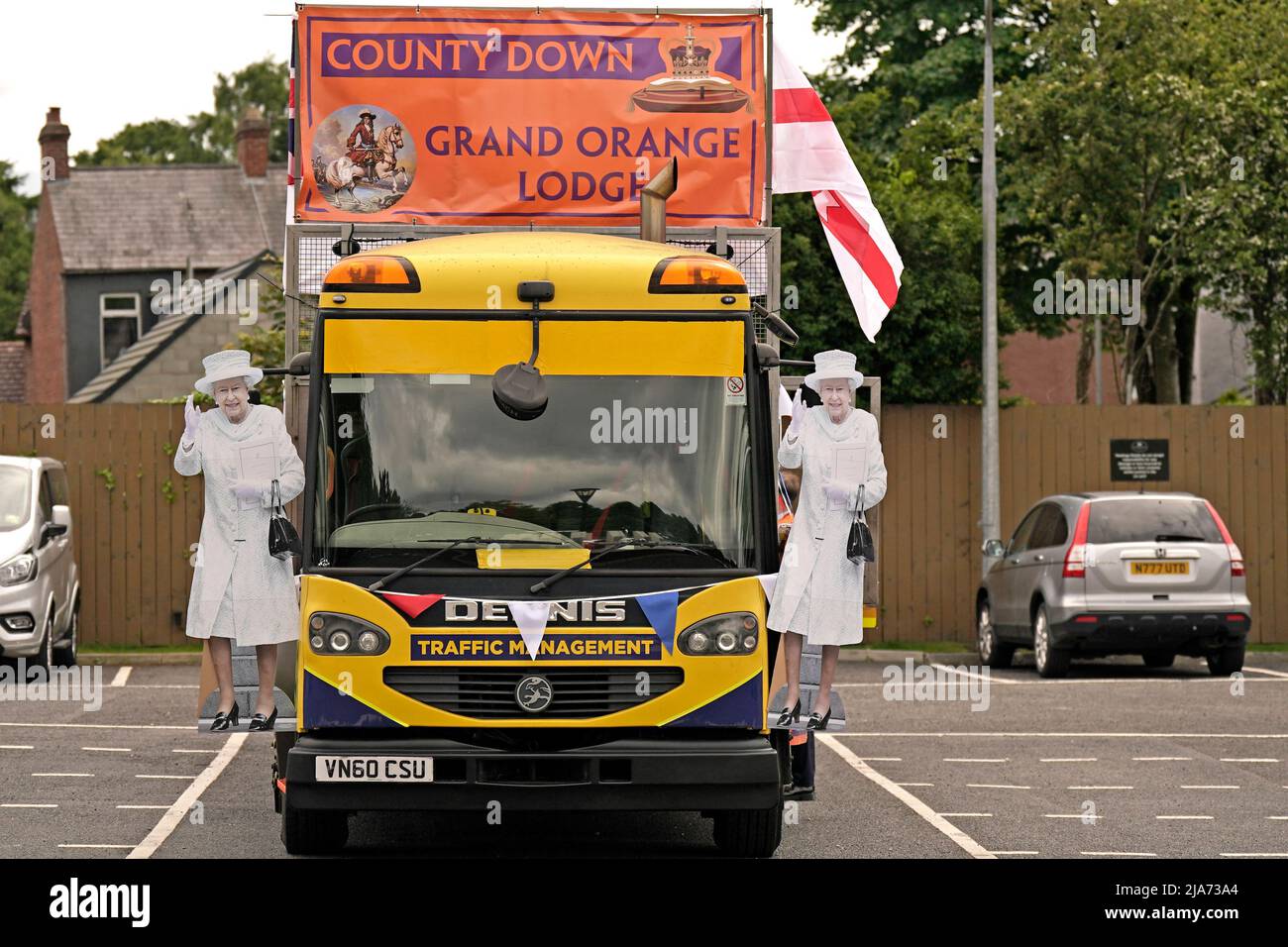 Cardboard cutouts of Queen Elizabeth II at Stormont before the start of