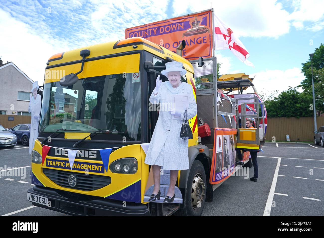 Cardboard cutouts of Queen Elizabeth II at Stormont before the start of