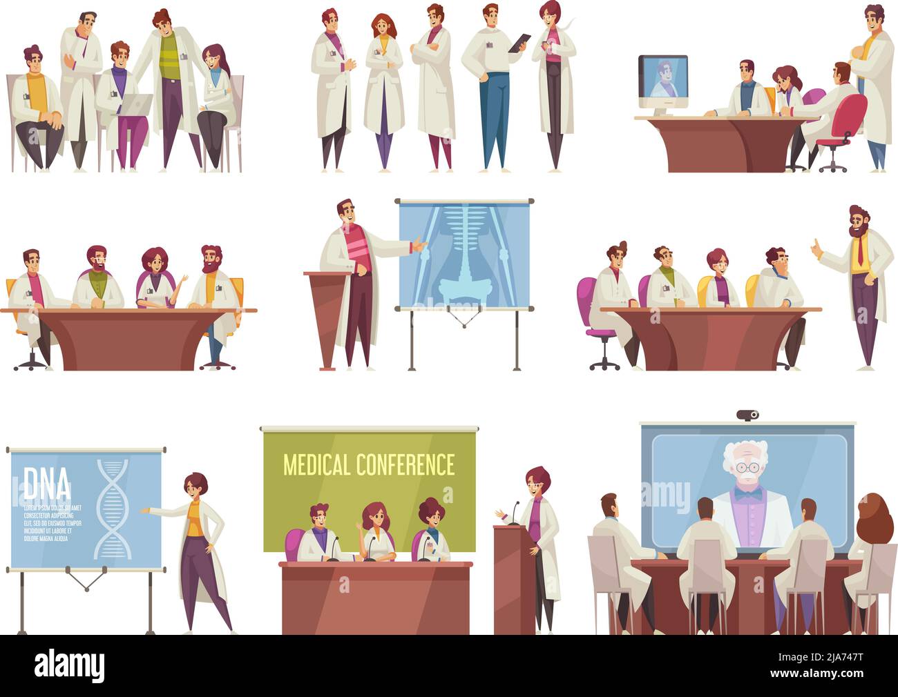 Medical conference icon set with doctors around the table listen ...