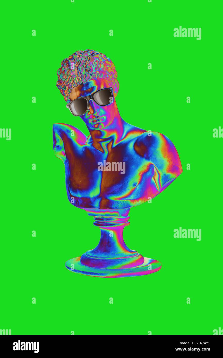 Body of statue in bold neon colors on green background. Minimal art fantasy concept. Stock Photo