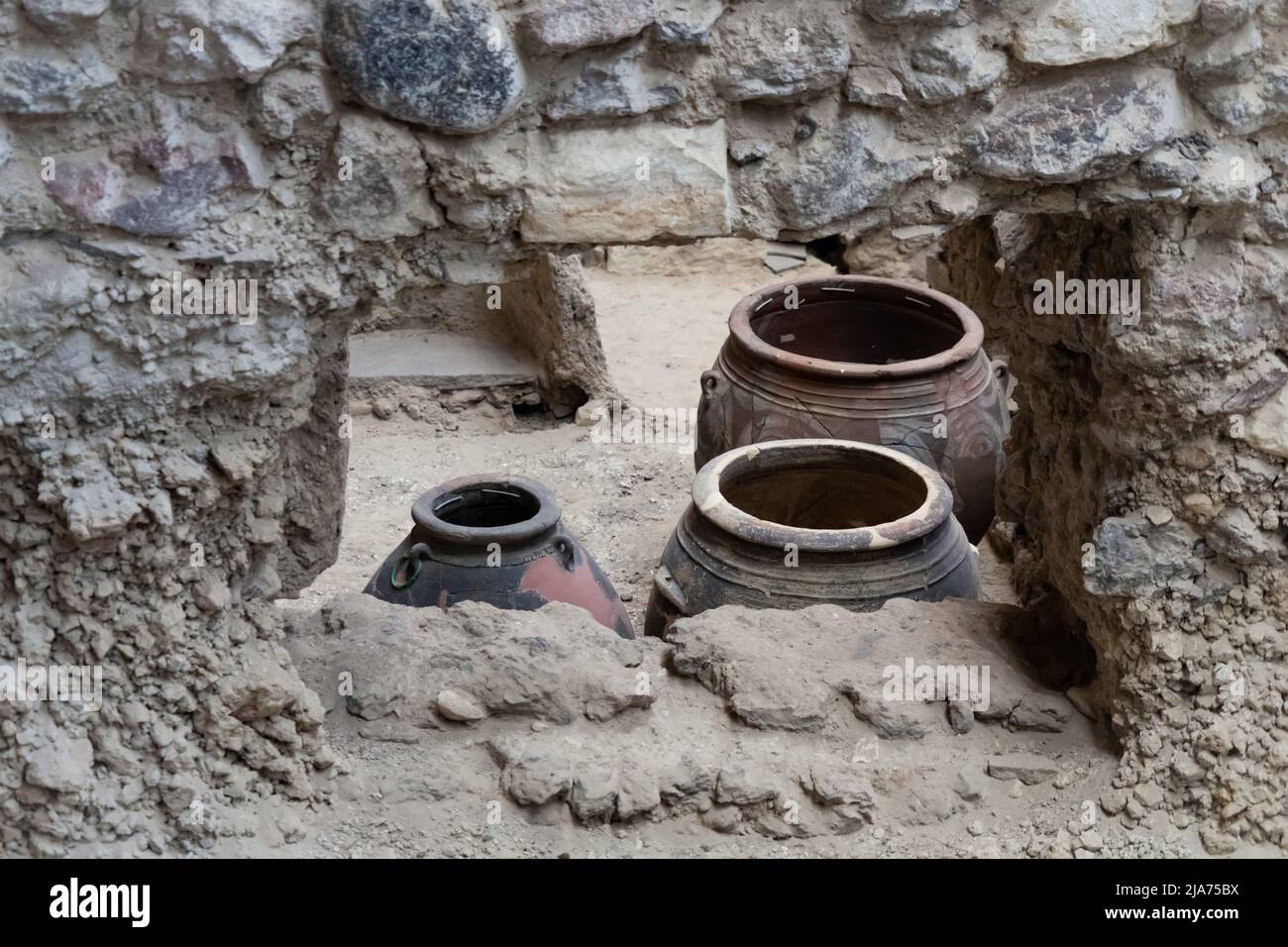 An excavation site on the island of Santorini digs up an antique town buried by a volcanic eruption Stock Photo