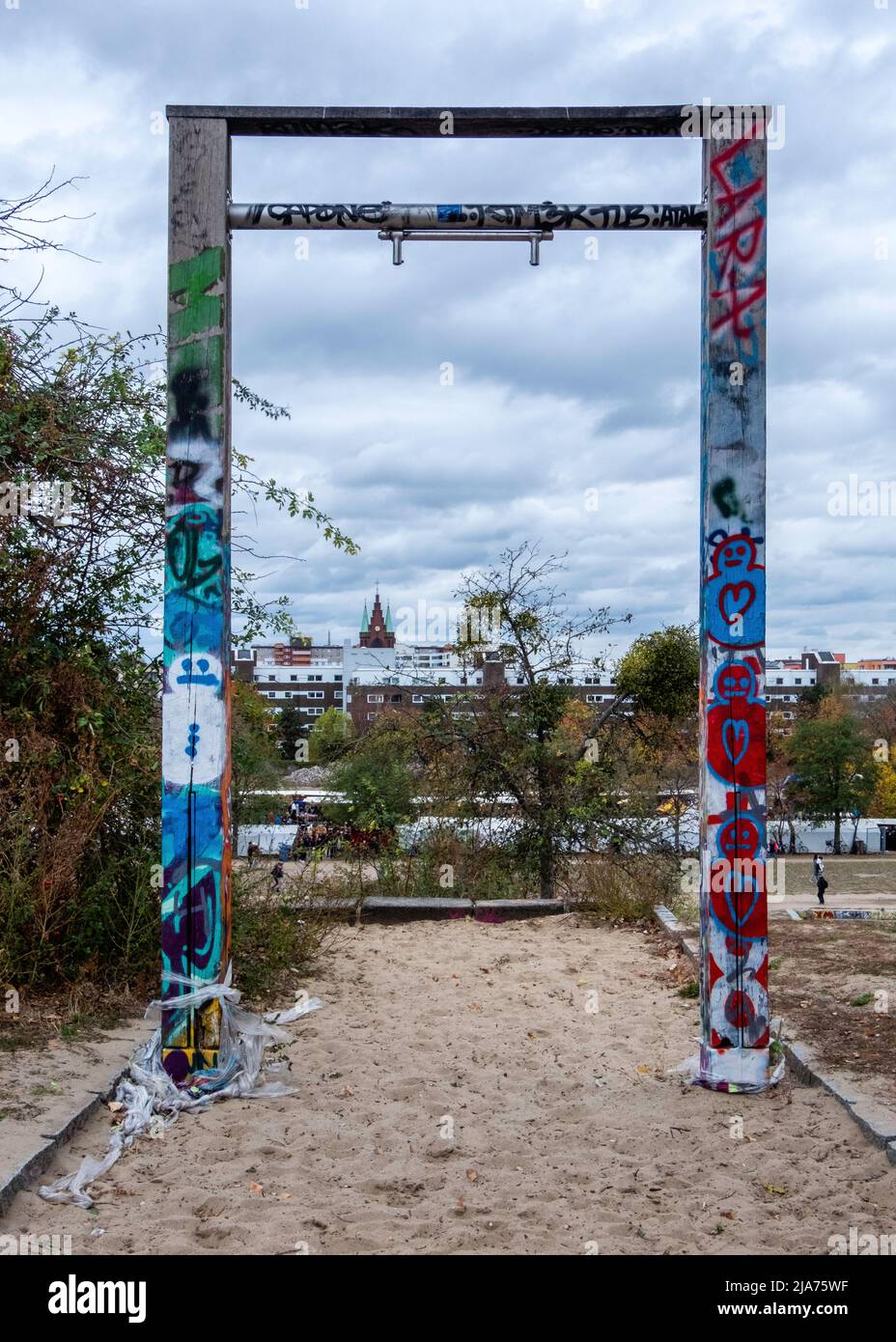 Graffiti-covered frame of old swing in Mauerpark, Prenzlauer Berg, Berlin,  Germany Stock Photo - Alamy