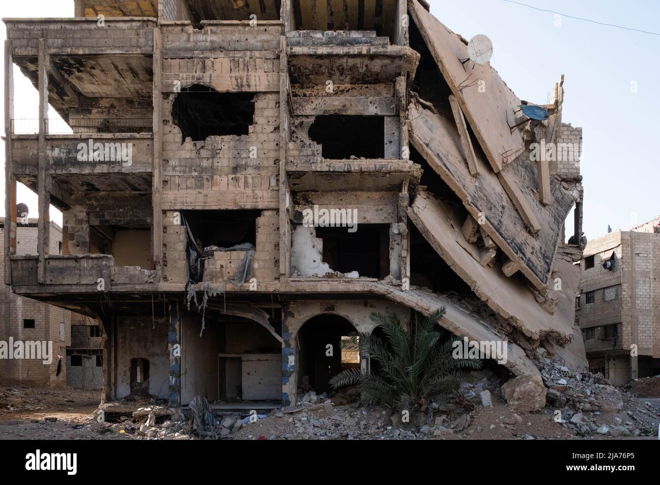 Darayya, Syria April, 2022 Building ruins in destroyed city after