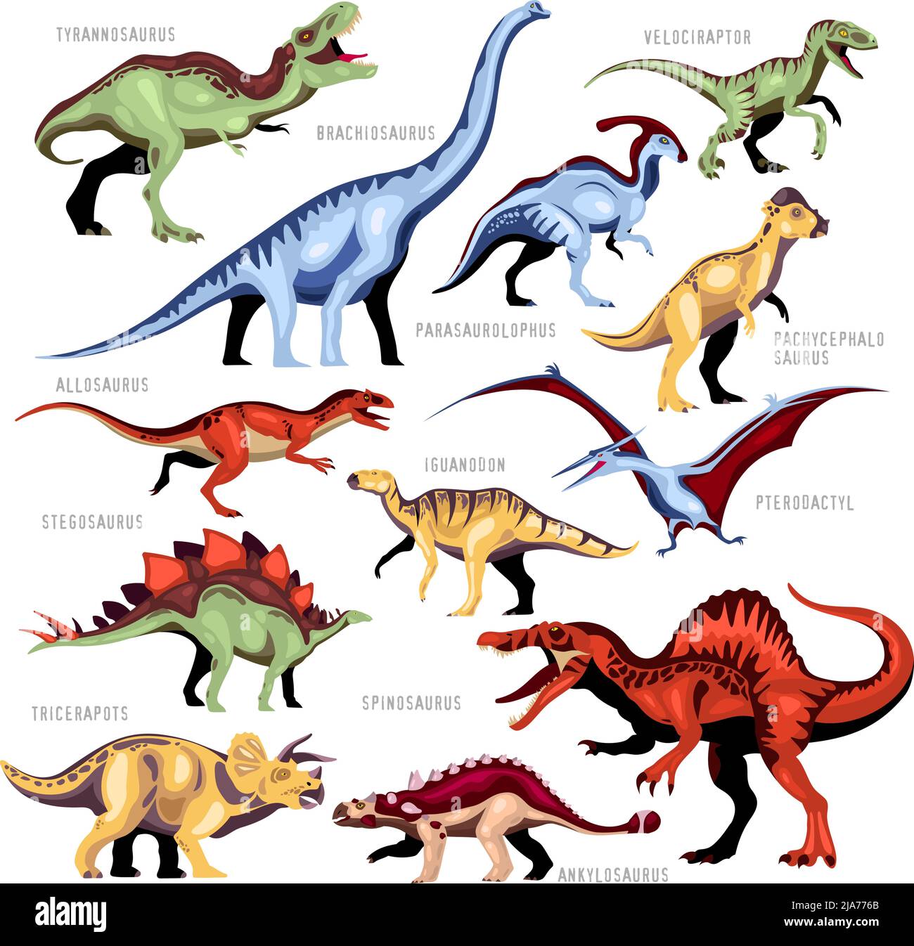 Dinosaur color cartoon set of different kinds of jurassic fossils persons with description isolated vector illustration Stock Vector
