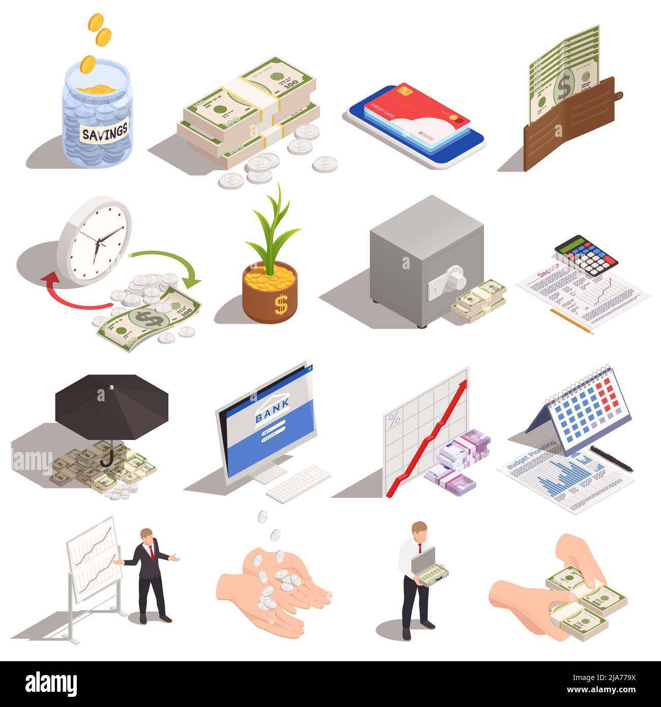 Set with isolated wealth management isometric icons and images of money ...