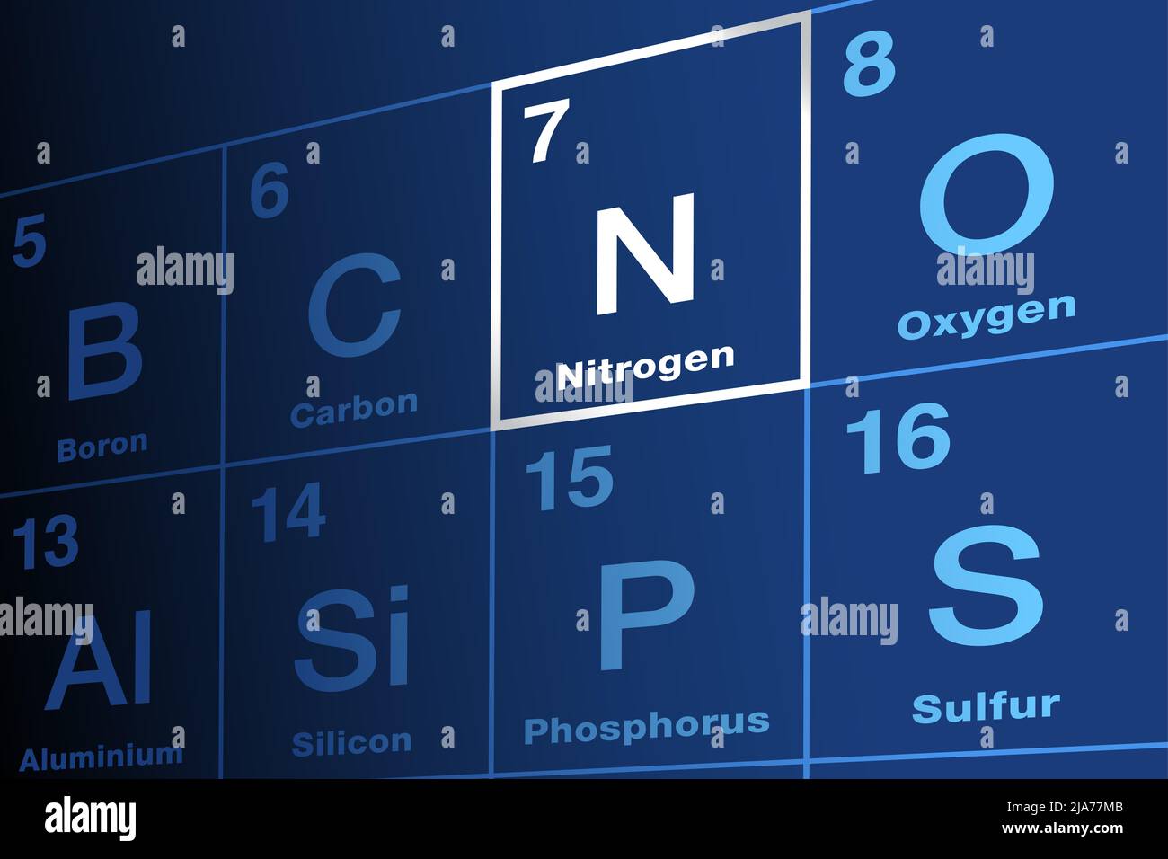 Nitrogen on periodic table of the elements. Chemical element with symbol N and atomic number 7. Occurs in all organisms. Stock Photo