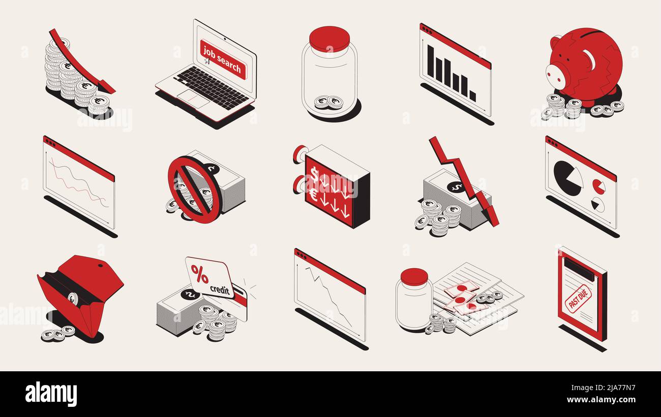 Economic crisis isometric icons set isolated vector illustration Stock ...