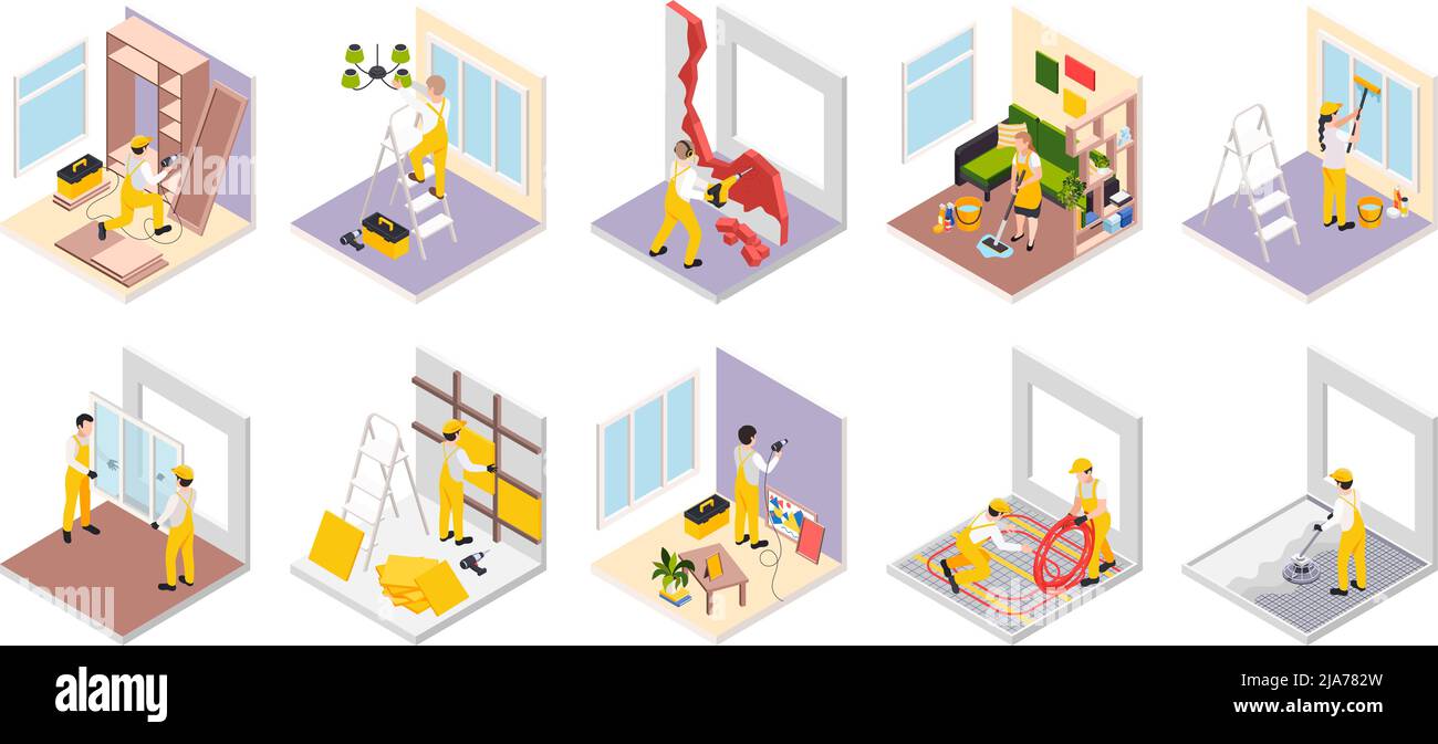 Renovation repair works isometric set of isolated room compositions with furniture items and workers in uniform vector illustration Stock Vector