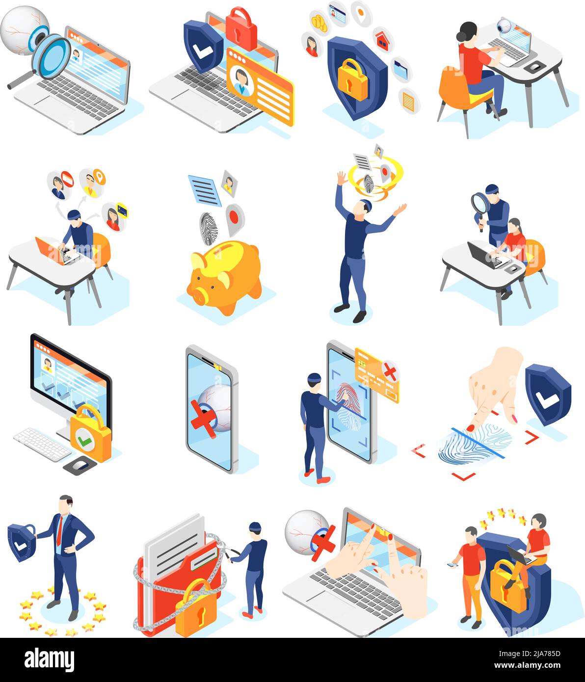 Personal data protection gdpr isometric recolor set of isolated icons and pictograms with gadgets and people vector illustration Stock Vector