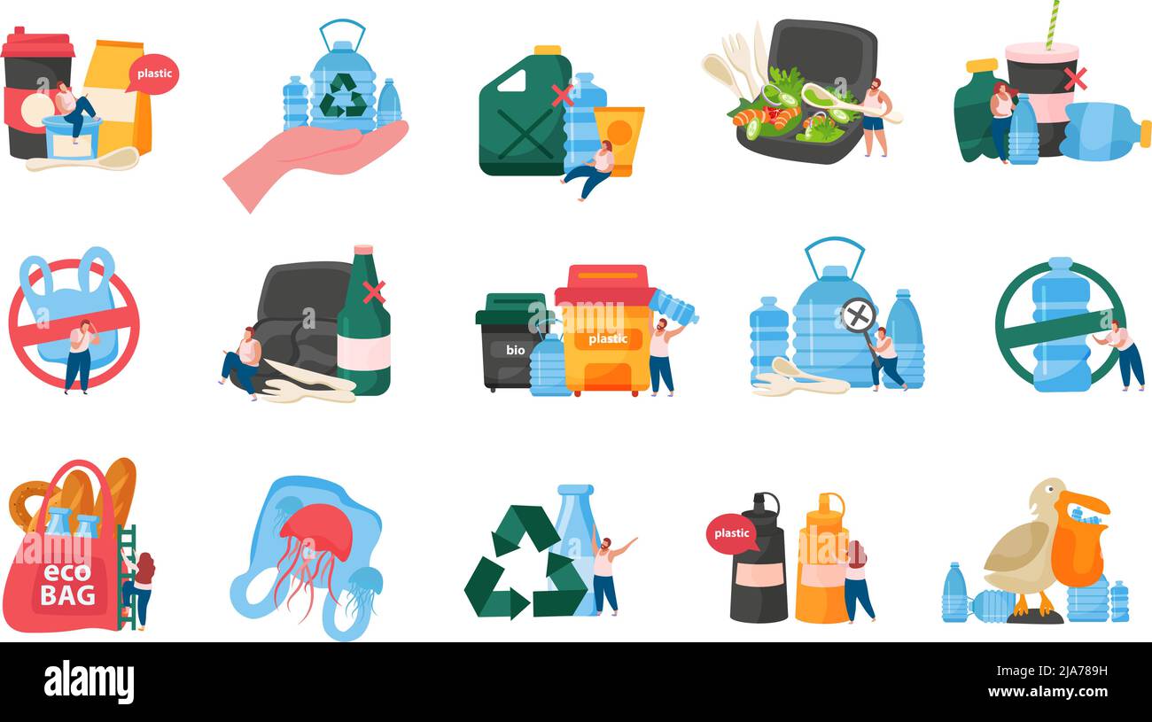 Flat recolor icon set with eco and plastic bag plastic bottles ...