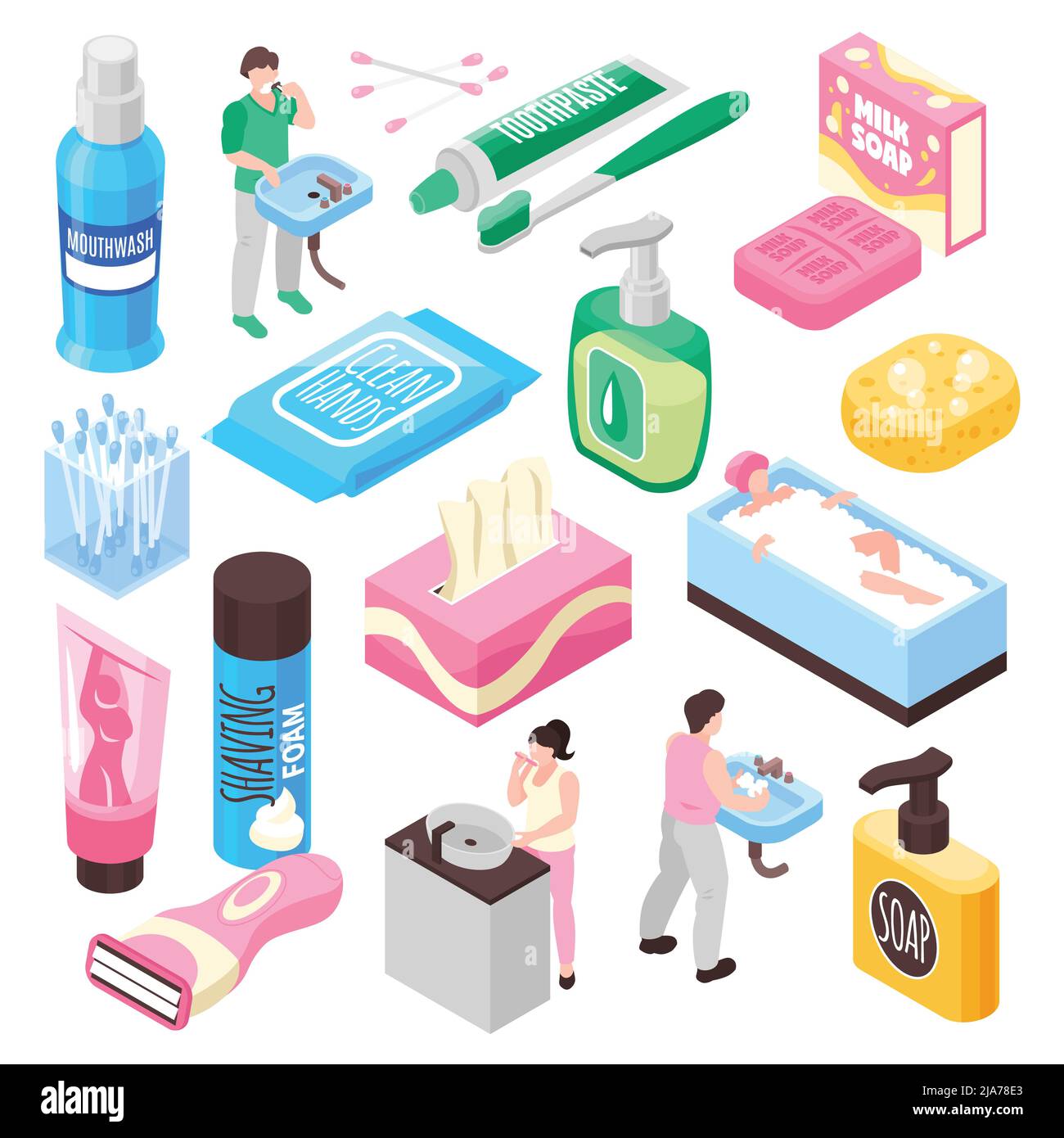 Personal family hygiene set with milk soap and toothpaste isometric