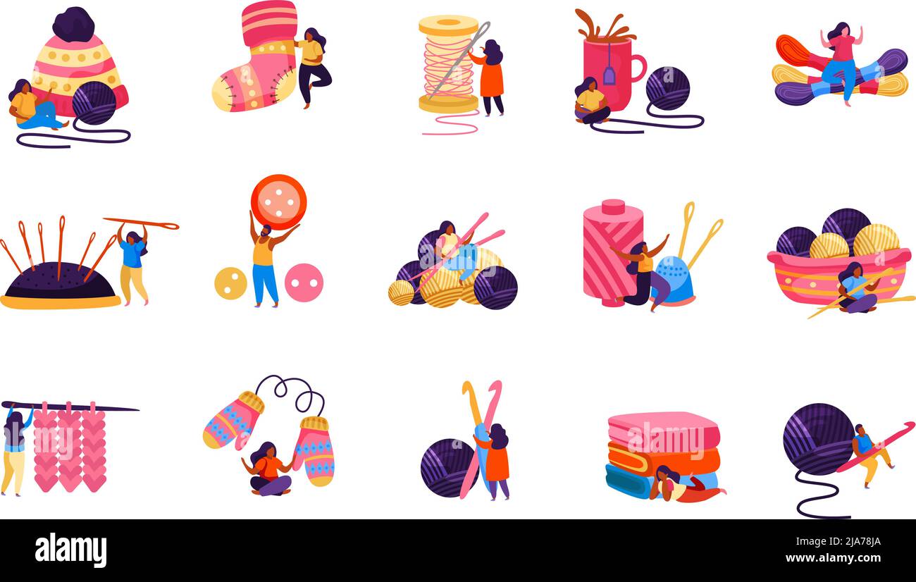 Set of isolated knitting flat recolor icons with images of clews ...