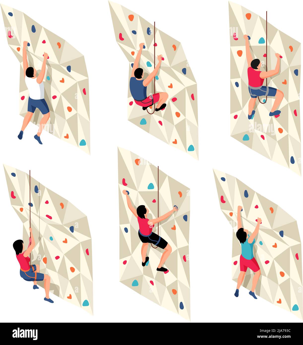 Isometric climbing set with isolated icons characters of training