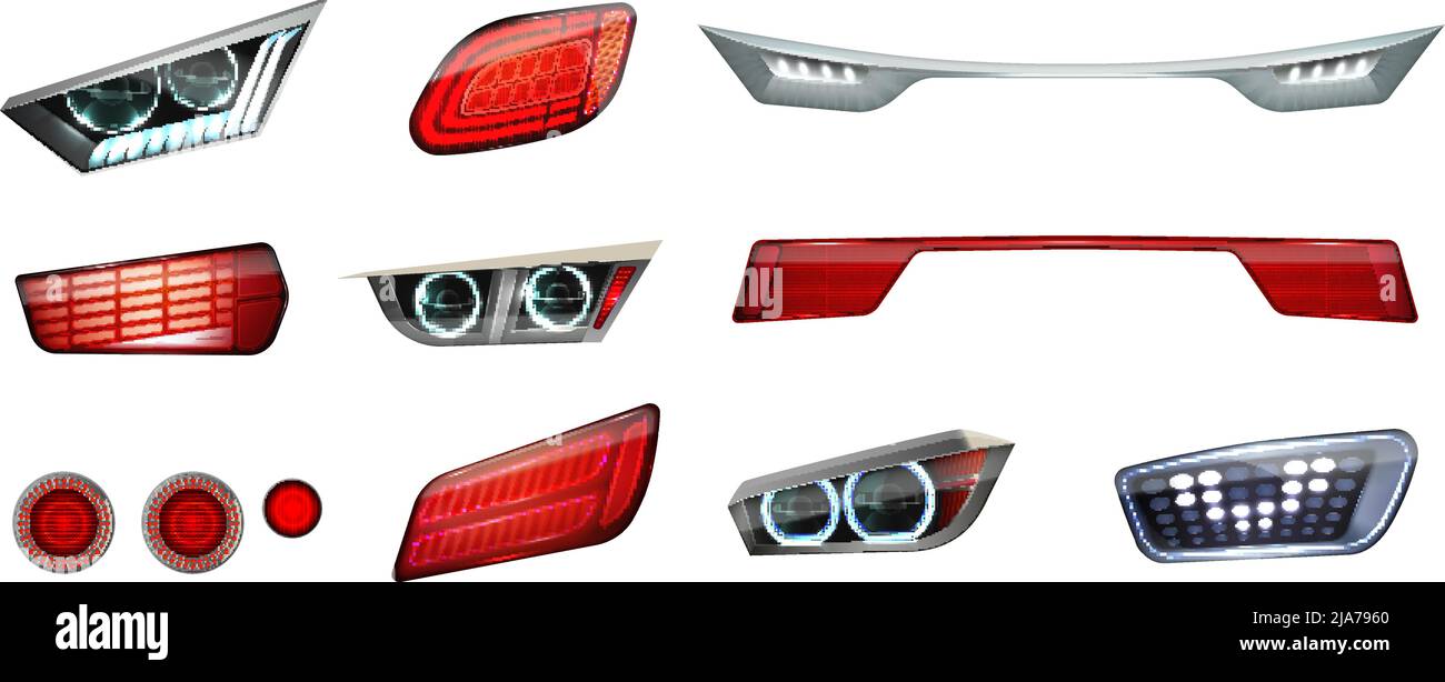 Realistic car headlights realistic icon set front and rear lights in