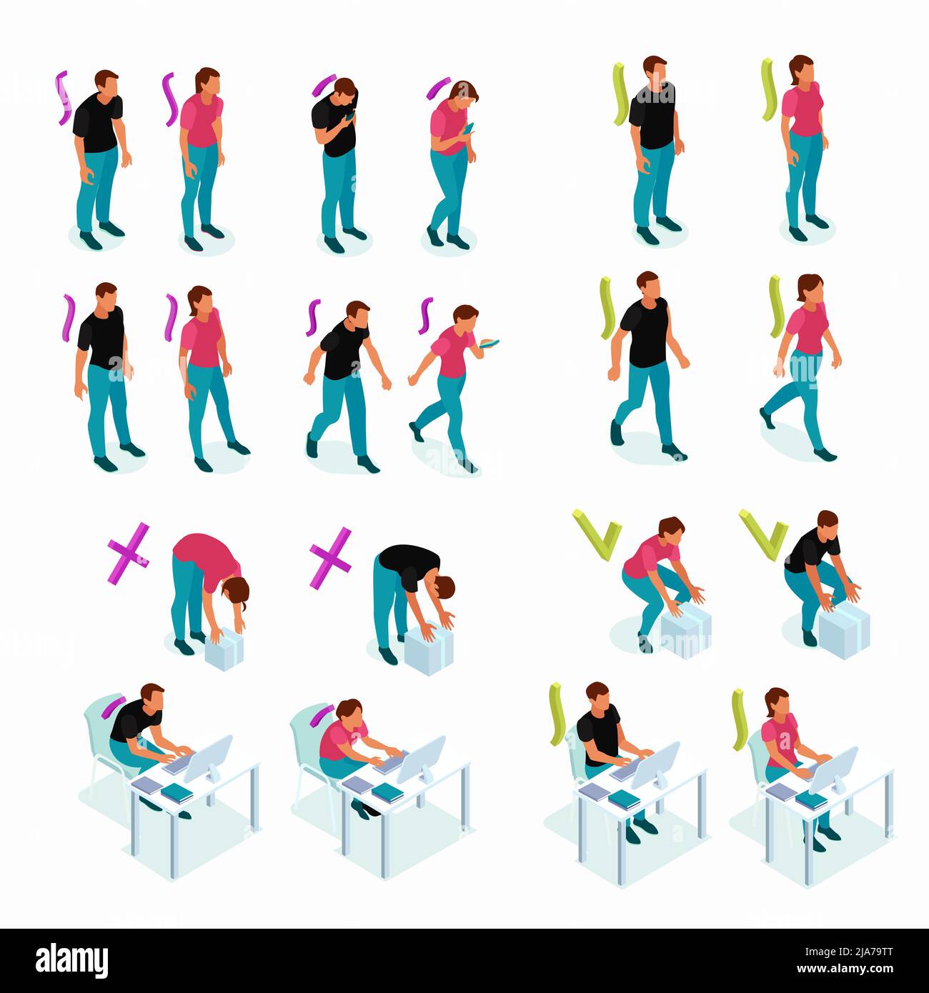 Maintaining good healthy correct alignment of body parts vs bad poor posture examples isometric set vector illustration Stock Vector