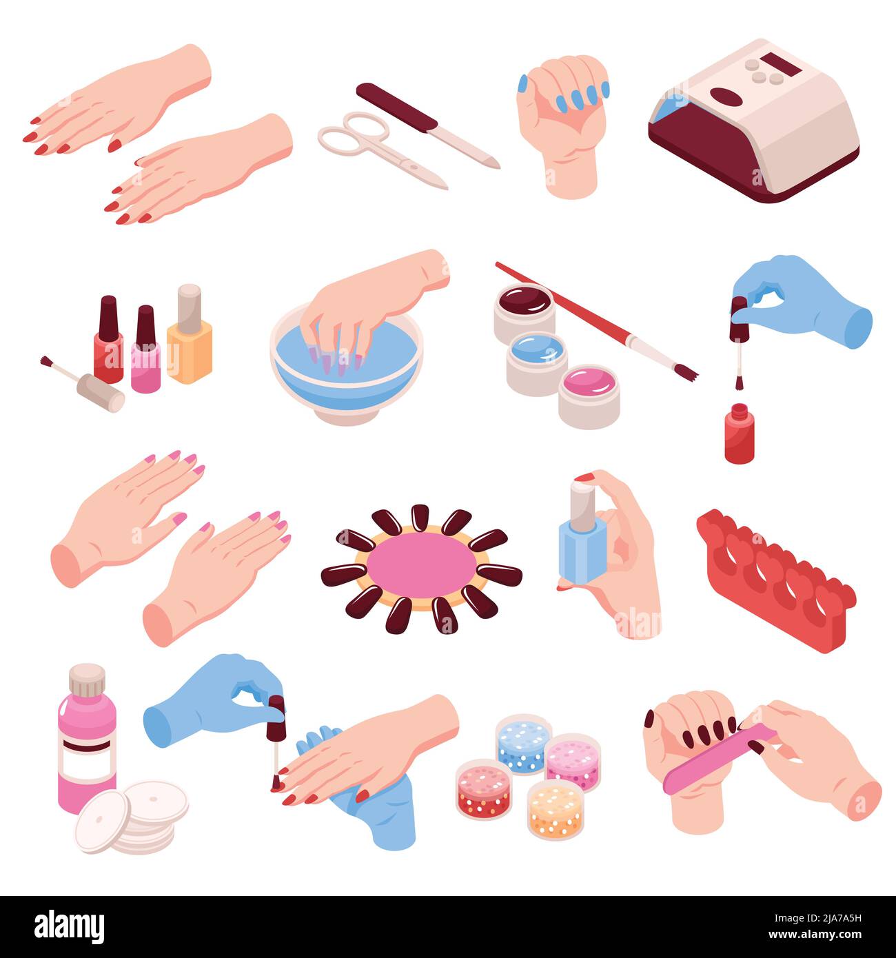 Manicure isometric set of female hands and various manicure accessories including scissors nail file tweezers nail polish isolated vector illustration Stock Vector