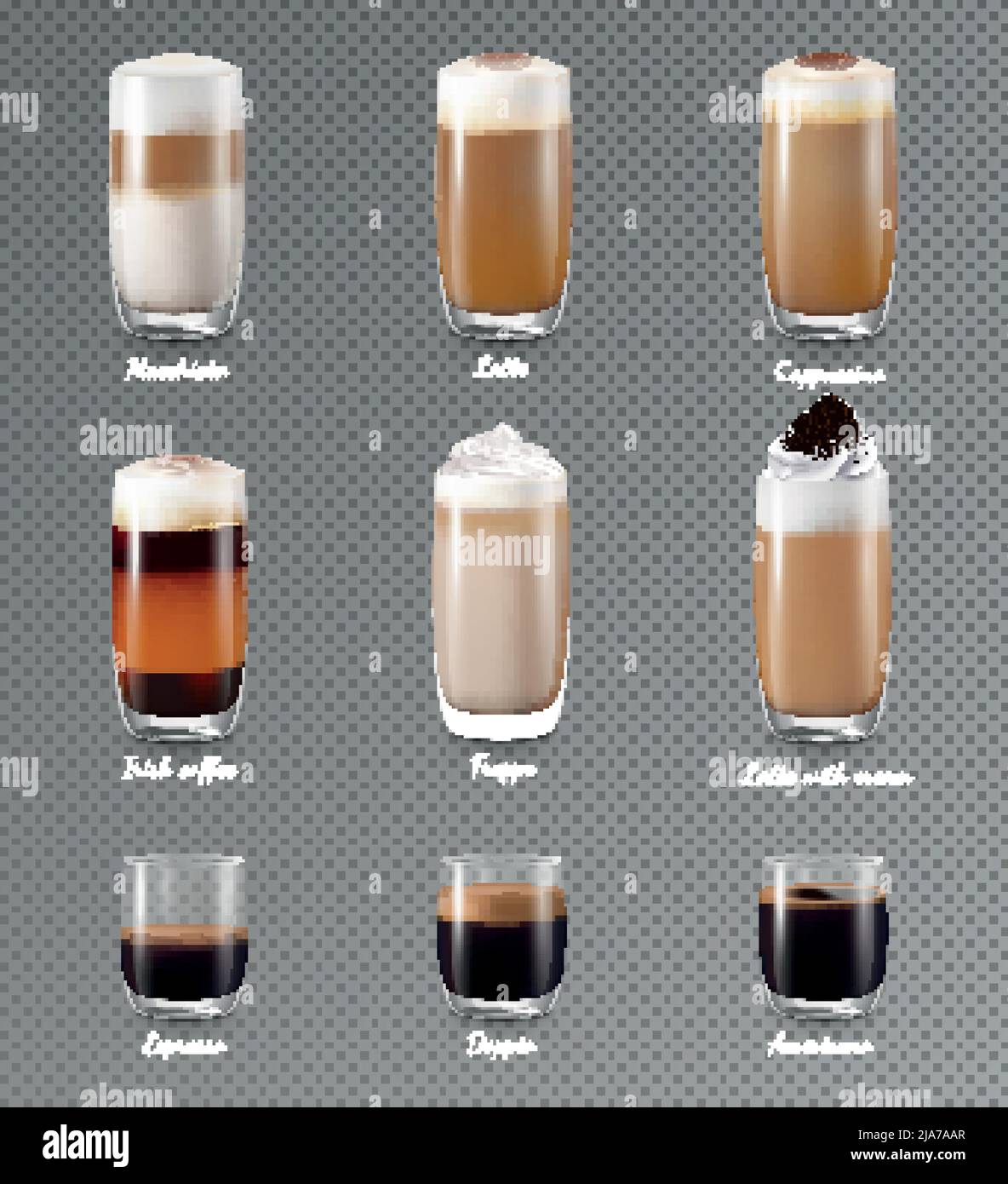 Coffee cup set vector isolated. Capuccino, latte, frappe Stock