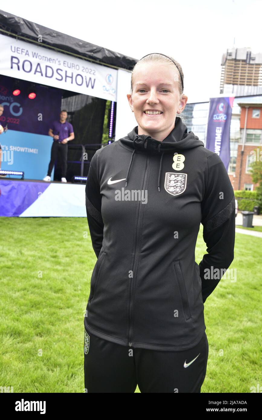 Manchester, UK, 28th May, 2022. England Women winger Emma Brown in front of the stage. A national roadshow celebrating UEFA Women’s EURO 2022 arrives at the Football Museum in Manchester, England, UK. Supported by the BBC it offers a chance to learn new football skills. Organisers said: 'Get down to Cathedral Gardens to get photos with the trophy, take part in activities, witness amazing skills demos and hear from star speakers.' The roadshow will make 10 stops in the UK. Credit: Terry Waller/Alamy Live News Stock Photo