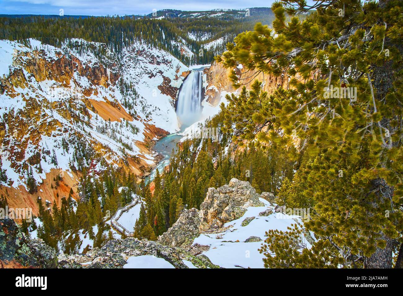 Beautiful upper falls at Yellowstone in winter from overlook Stock ...