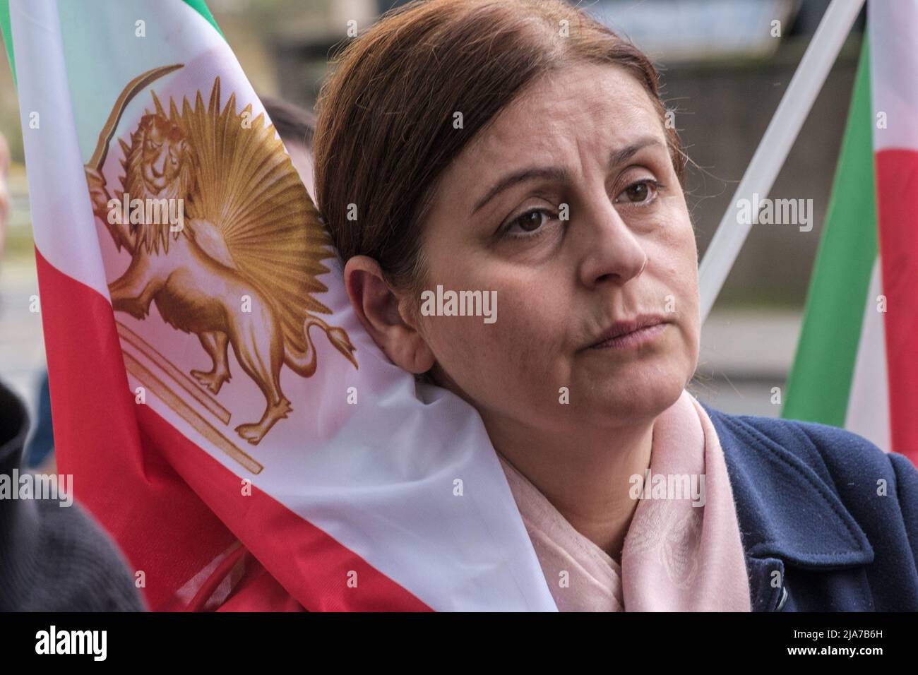 London, UK. 28th May 2022. The Anglo-Iranian community and supporters of the Iranian resistance (NCRI) protest in support of ongoing anti-regime protests in Iran at the Iranian Embassy in London. Popular protests have increased over rapidly increasing prices, calling for pensions increases and against Iran's disastrous financial policies and Iranians continue to demand an end to the religious dictatorship. Protests have taken place in cities across Iran despite repression by the Revolutionary Guards. Peter Marshall /Alamy Live News Stock Photo