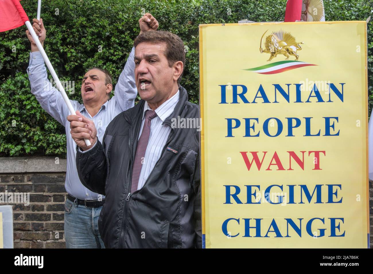 London, UK. 28th May 2022. The Anglo-Iranian community and supporters of the Iranian resistance (NCRI) protest in support of ongoing anti-regime protests in Iran at the Iranian Embassy in London. Popular protests have increased over rapidly increasing prices, calling for pensions increases and against Iran's disastrous financial policies and Iranians continue to demand an end to the religious dictatorship. Protests have taken place in cities across Iran despite repression by the Revolutionary Guards. Peter Marshall /Alamy Live News Stock Photo